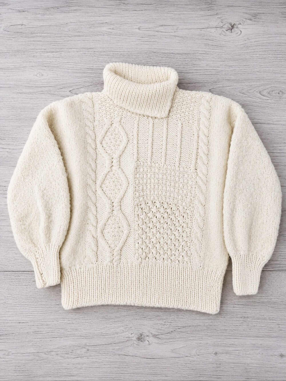 Vintage Avoca Irish Aran Handknit Pure Wool Cream Turtleneck Fisherman Sweater